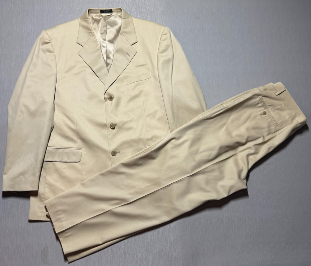 VTG Albert Nipon Suit Mens 42 Tan 3 Button Tan Wool Silk Pants 34x28.5 Pleated